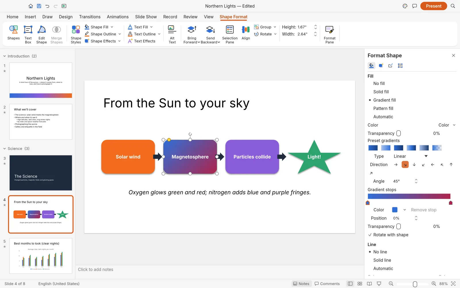 The Format Shape pane editing a linear gradient fill with two color stops at a 45 degree angle