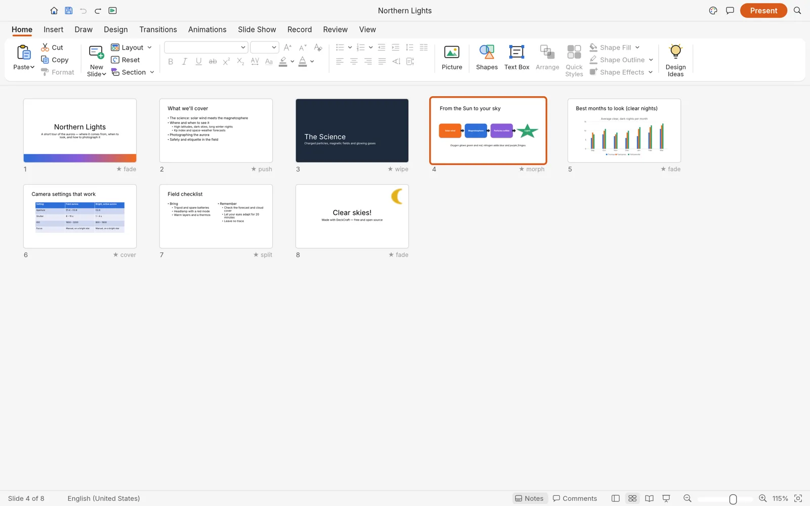 Slide Sorter view with eight slides in a grid, each labeled with its transition: fade, push, wipe, morph, cover and split